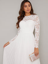 Long Sleeved Lace Detail Pleat Maxi Dress in White