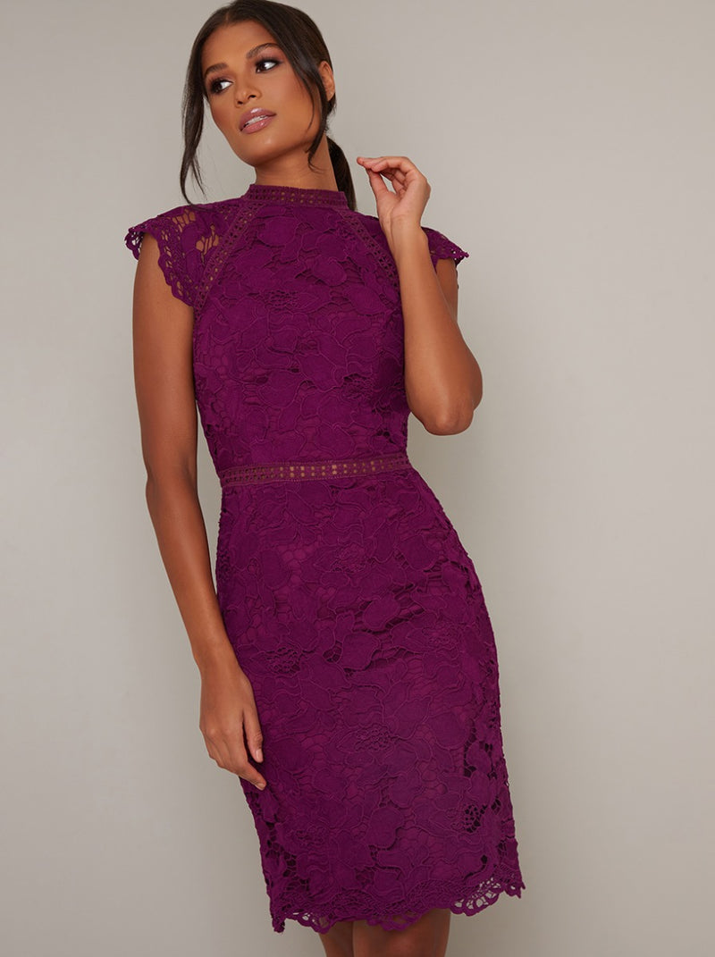 Lace High Neck Bodycon Midi Dress in Red
