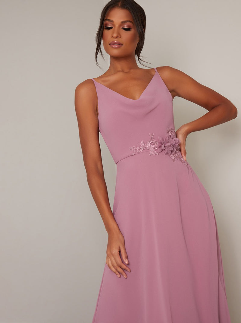 Cowl Neck Lace Detail Maxi Dress in Pink