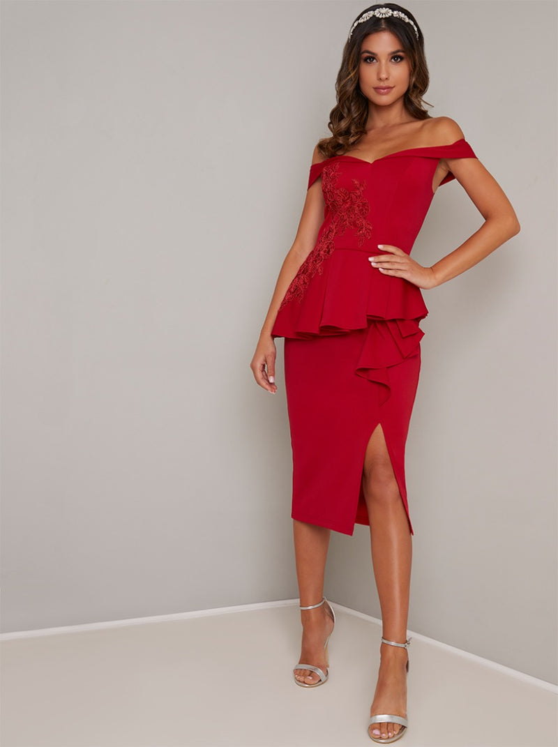 Fitted Bodice Peplum Design Bodycon Dress in Red
