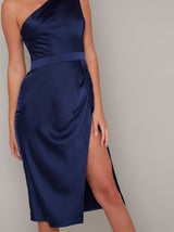 Tall One Shoulder Thigh Split Midi Dress in Blue