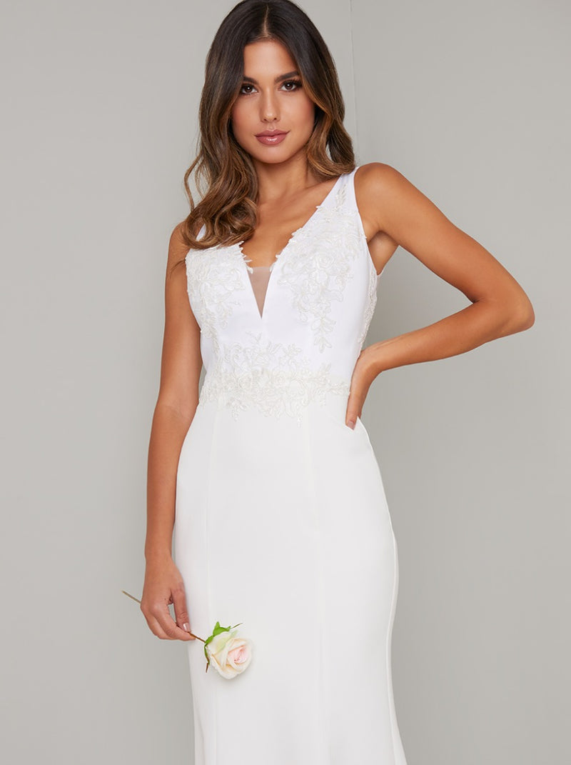 Embroidered Bridal Dress with V Neckline in White