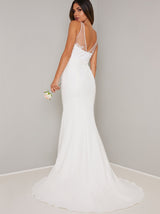 Embroidered Bridal Dress with V Neckline in White