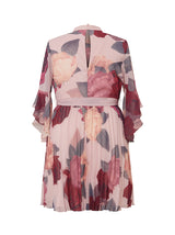 Plus Size Floral Print Flare Sleeve Pleat Midi Dress in Pink