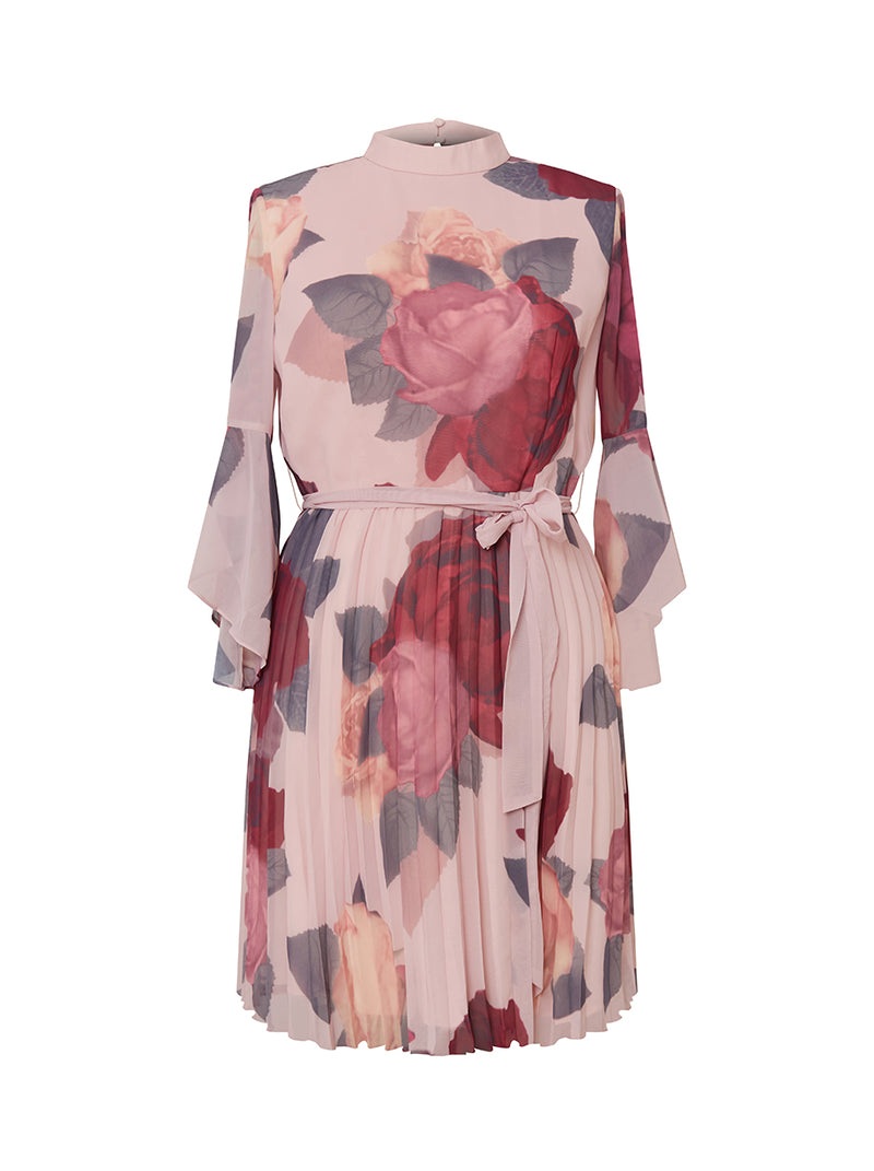Plus Size Floral Print Flare Sleeve Pleat Midi Dress in Pink