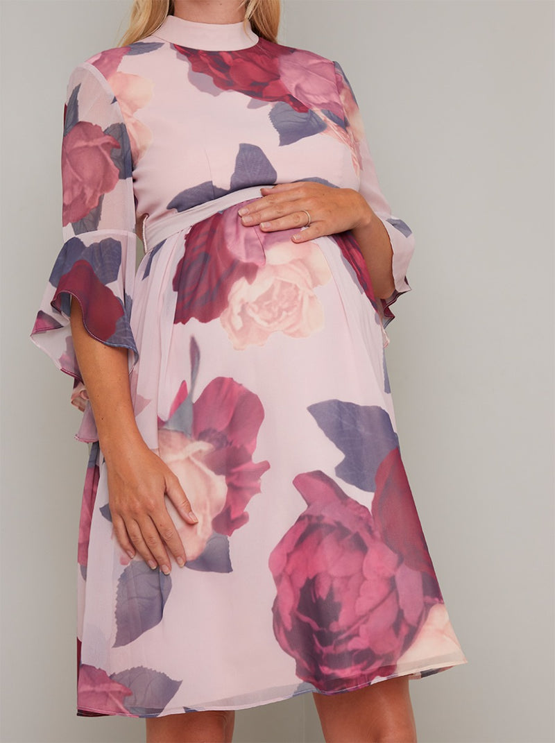 Maternity Bold Floral Print Midi Dress in Mink