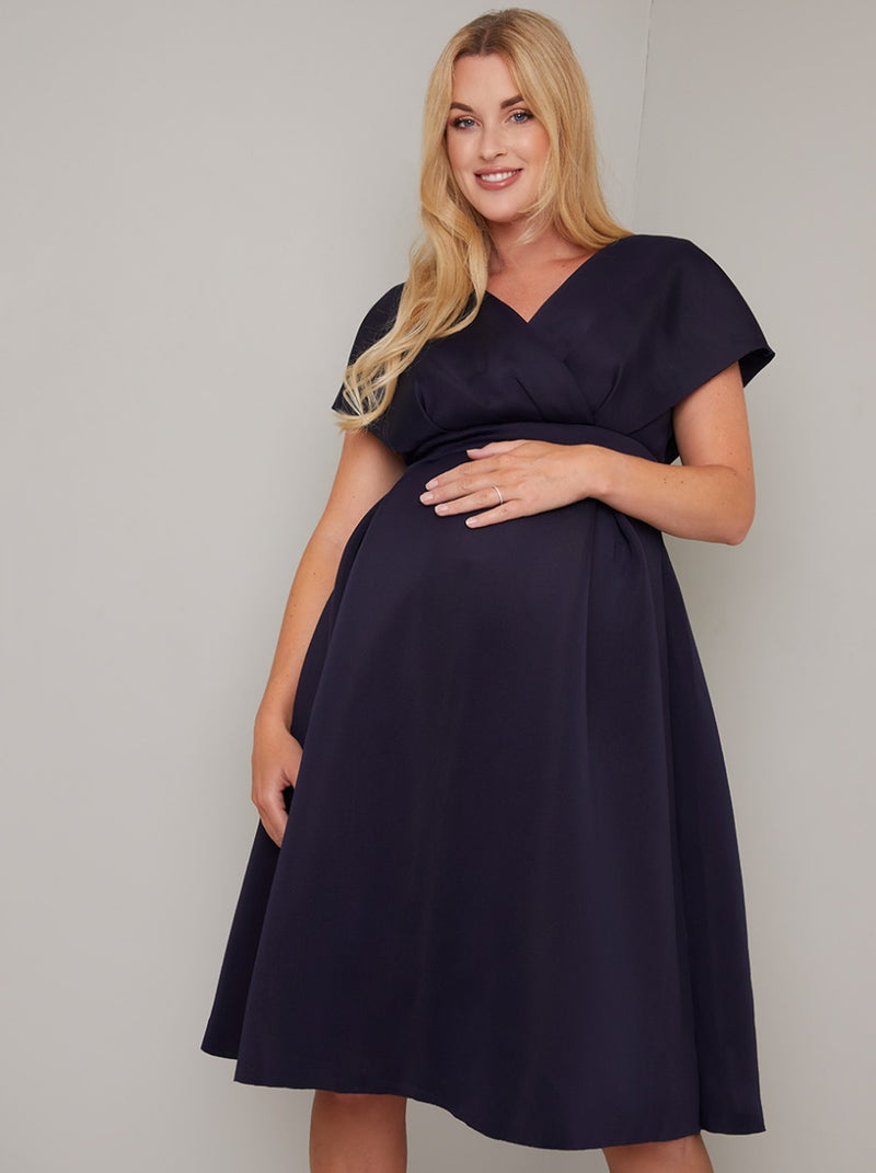 Maternity Plain Wrap Detail Midi Dress in Blue