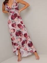 Wrap Style Frill Hem Print Maxi Dress in Pink