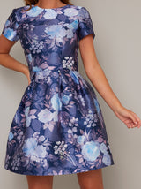 Short Sleeve Floral Print Mini Dress in Blue