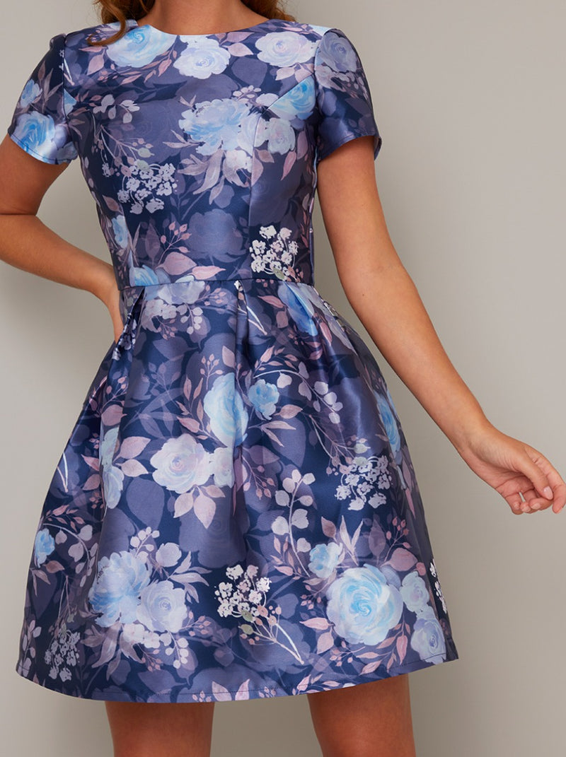 Short Sleeve Floral Print Mini Dress in Blue