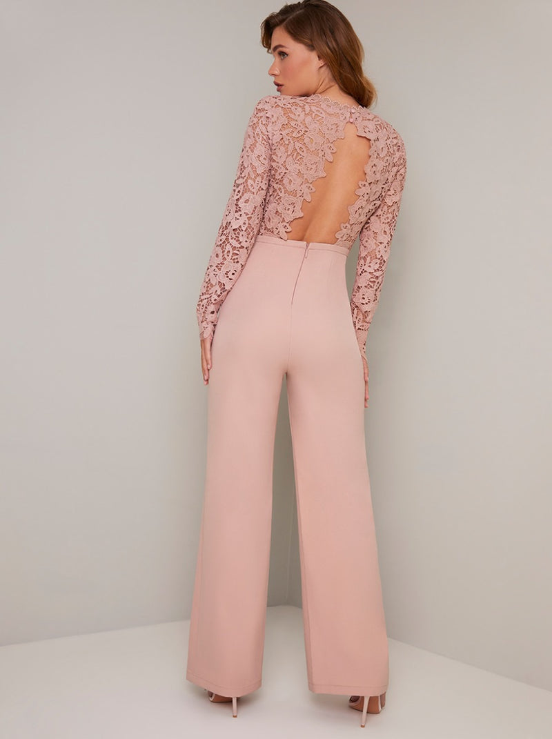 Long Sleeved Lace Bodice Flare Jumpsuit in Pink