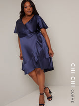 Plus Size Wrap Style Silky Frill Midi Dress in Blue