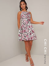 Halter Style Jacquard Print Mini Dress in Purple