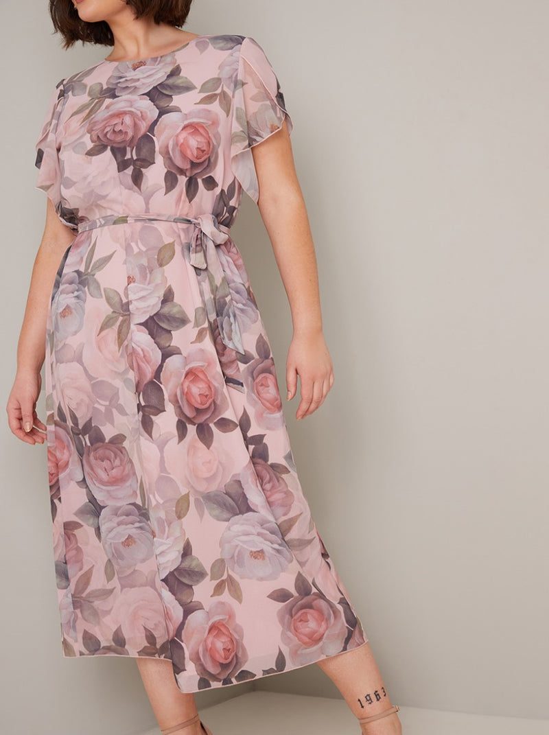 Plus Size Pastel Floral Print Midi Dress in Pink