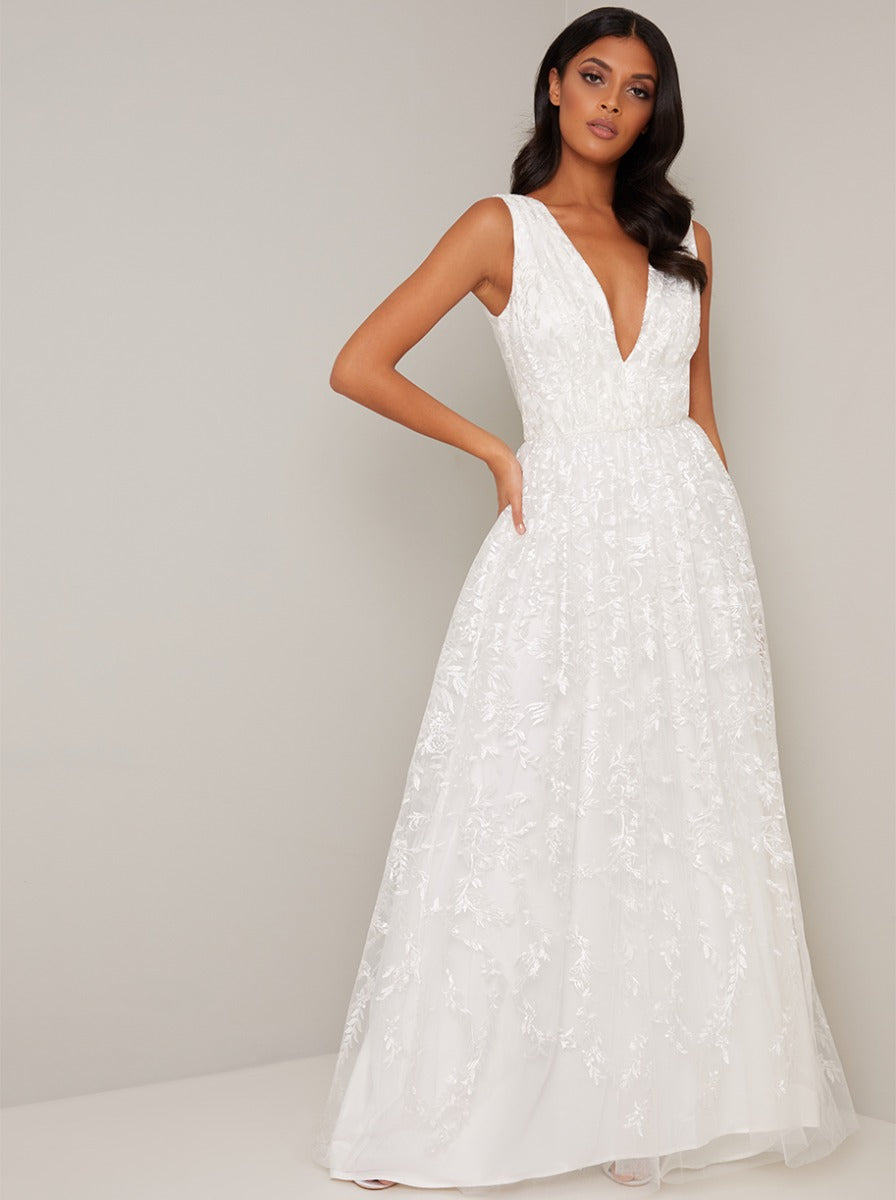 V Neck Embroidered Wedding Dress in White – Chi Chi London