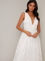 V Neck Embroidered Wedding Dress in White