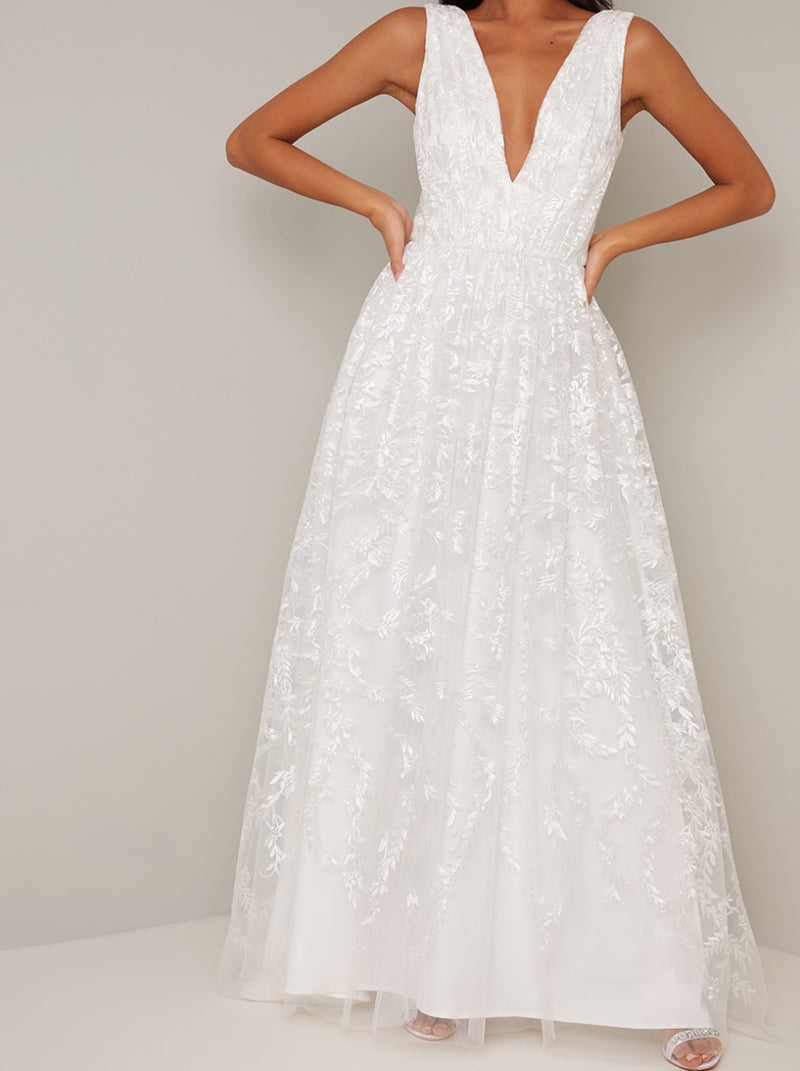 V Neck Embroidered Wedding Dress in White