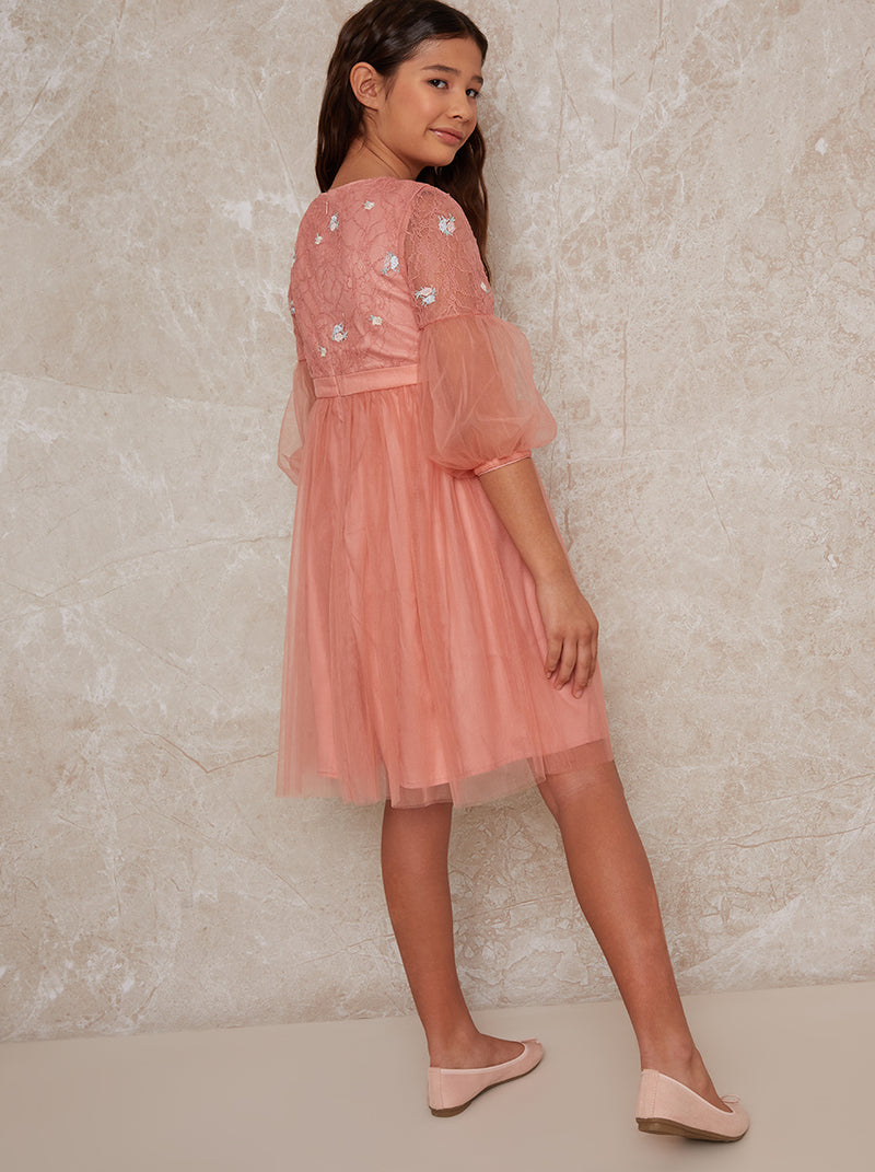 Girls Lace Embroidered A-Line Party Dress in Pink
