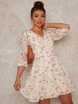Ruffle Floral Print Mini Day Dress in Cream