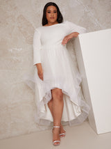 Plus Size Tulle Dip Hem Bridal Dress with Long Sleeves in White