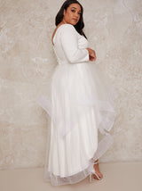 Plus Size Tulle Dip Hem Bridal Dress with Long Sleeves in White