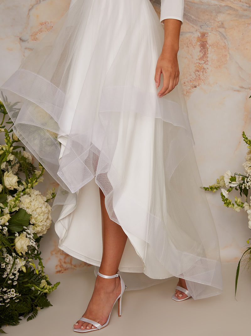 Tulle Dip Hem Wedding Dress with Long Sleeves in White