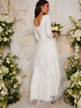 Tulle Dip Hem Wedding Dress with Long Sleeves in White