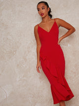 Petite Bodycon Party Dress with Ruffle Design in Red