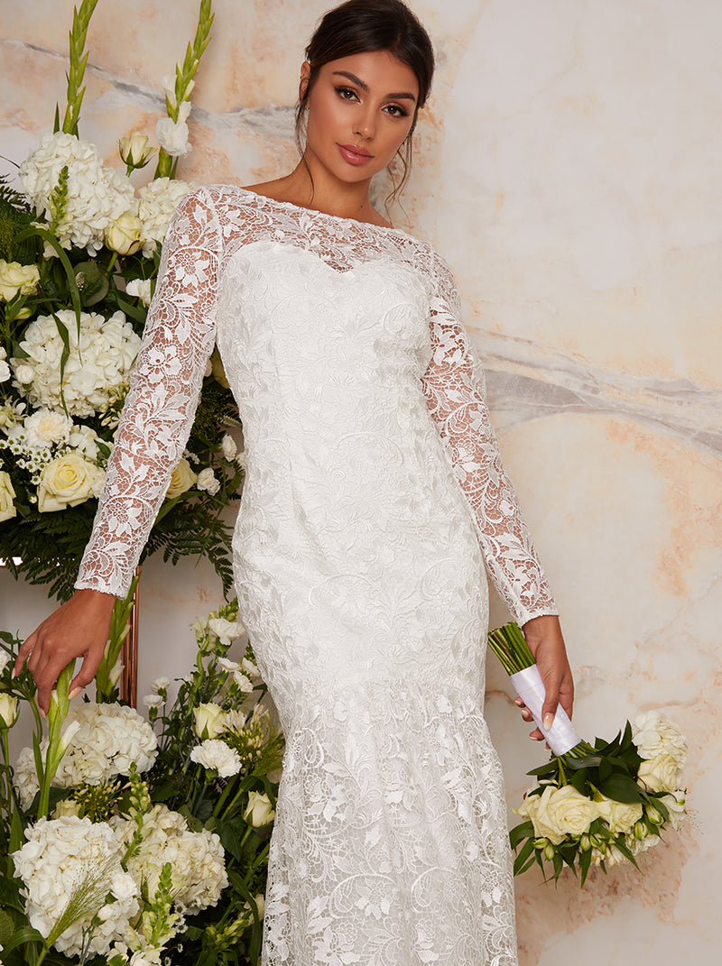Bridal Long Sleeve Lace Maxi Wedding Dress in White