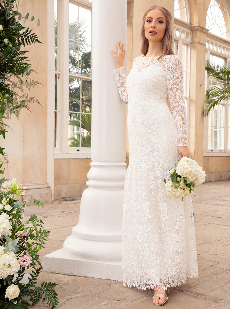 Bridal Long Sleeve Lace Maxi Wedding Dress in White