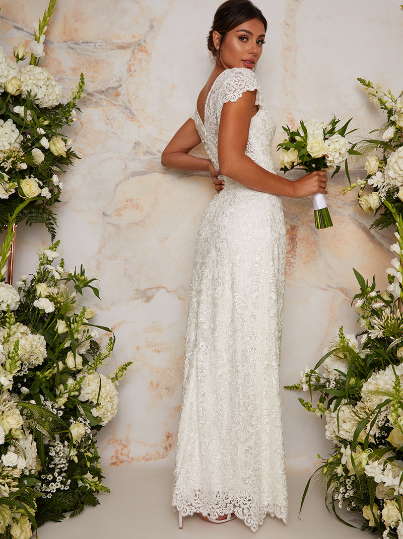 Lace Embellished Maxi Wedding Dress in White