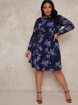 Plus Size Midi Dress with Lace Floral Print in Blue