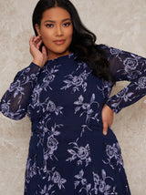 Plus Size Midi Dress with Lace Floral Print in Blue
