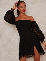 Petite Bodycon Dress with Crochet Design in Black