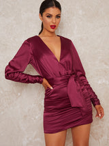 Mini Party Dress with Long Ruched Sleeves in Red