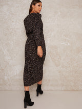 Ruched Long Sleeve Midi Dress in Black