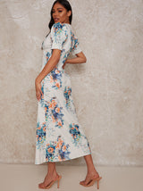 Floral Print Puff Sleeve Button-Up Midi Day Dress in Blue