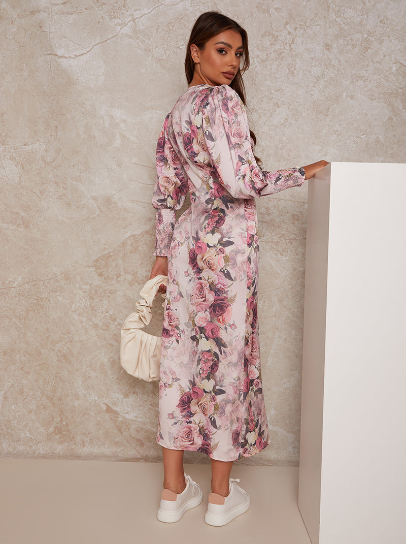 Long Sleeve Plunge Printed Maxi Dress in Pink