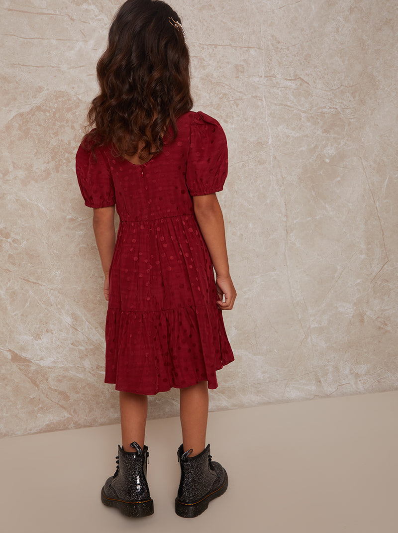 Girls Short Sleeve Polka Dot Midi Dress in Red