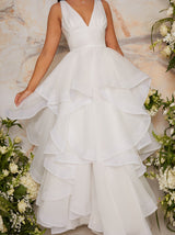 Bridal Plunge Neck Tiered Tulle Wedding Dress in White