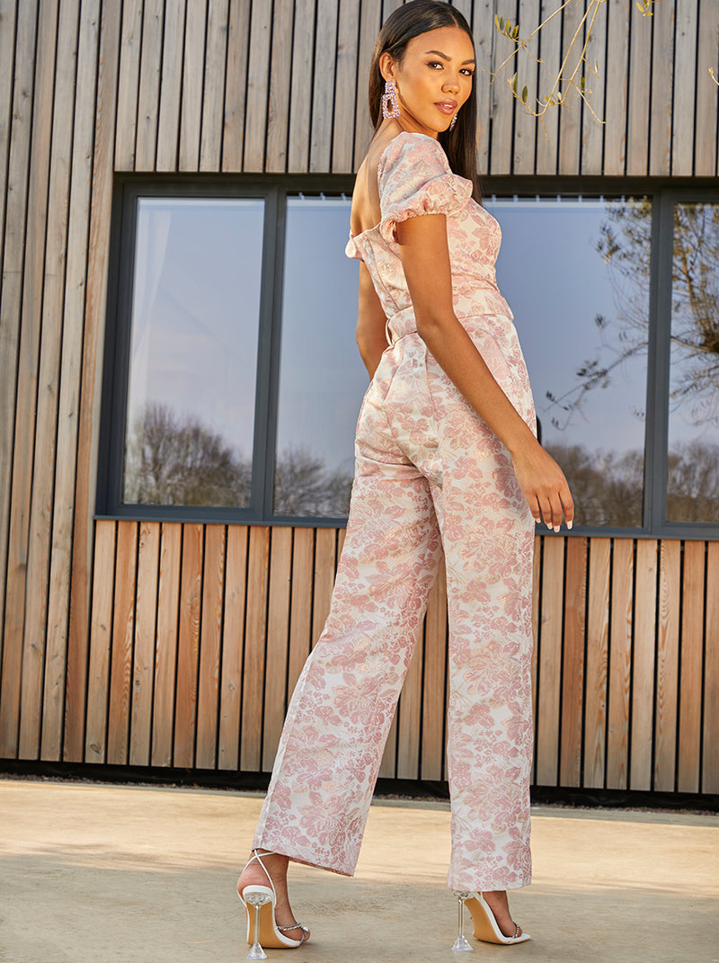 Puff Sleeve Sweetheart Jacquard Jumpsuit in Pink