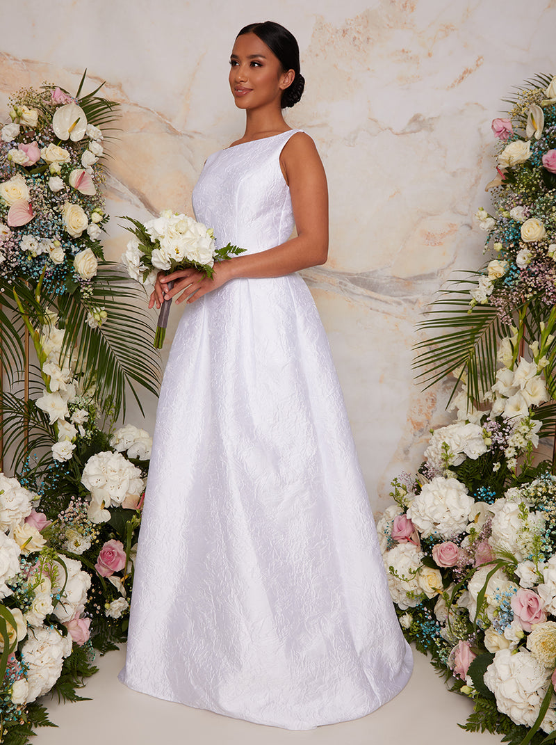Petite Sleeveless Textured Wedding Dress with Train in White