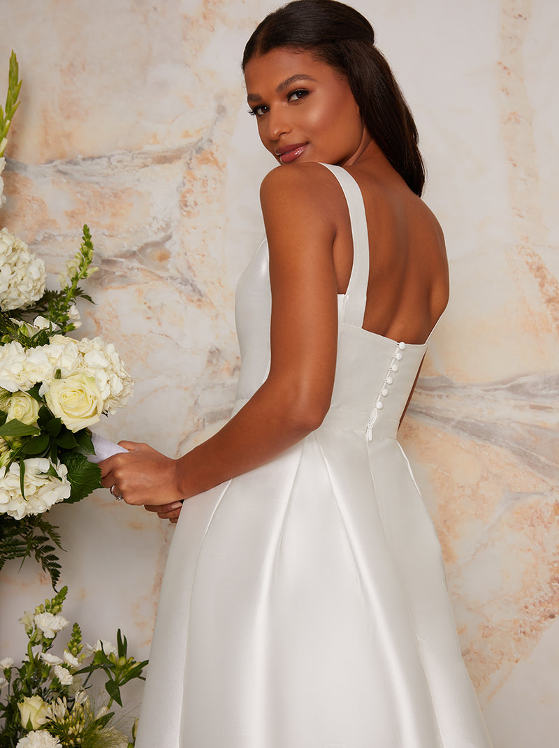 Sleeveless Structured Satin Wedding Dress with Train in White