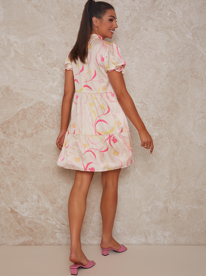 Puff Sleeve Graphic Print Cotton Mini Dress in Cream