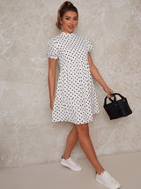 Hi-Neck Polka Dot Print Tiered Mini Day Dress in White