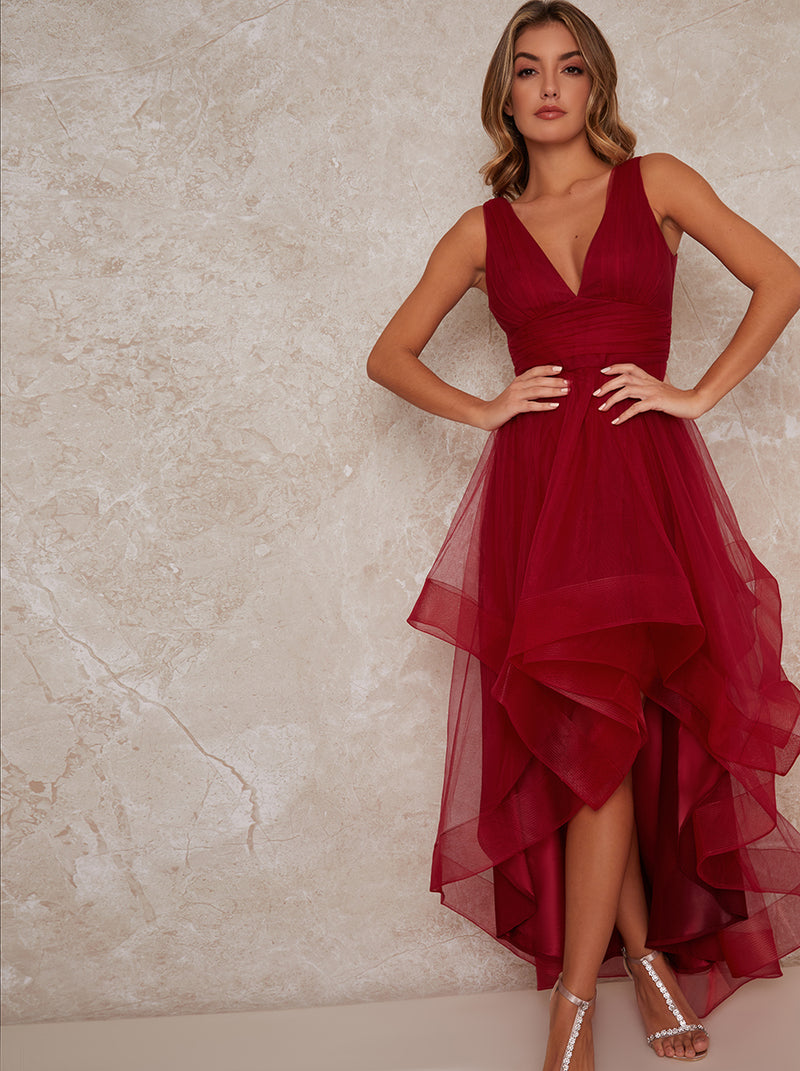 Plunge Neck Tiered Tulle Dip Hem Party Dress in Red