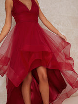 Plunge Neck Tiered Tulle Dip Hem Party Dress in Red