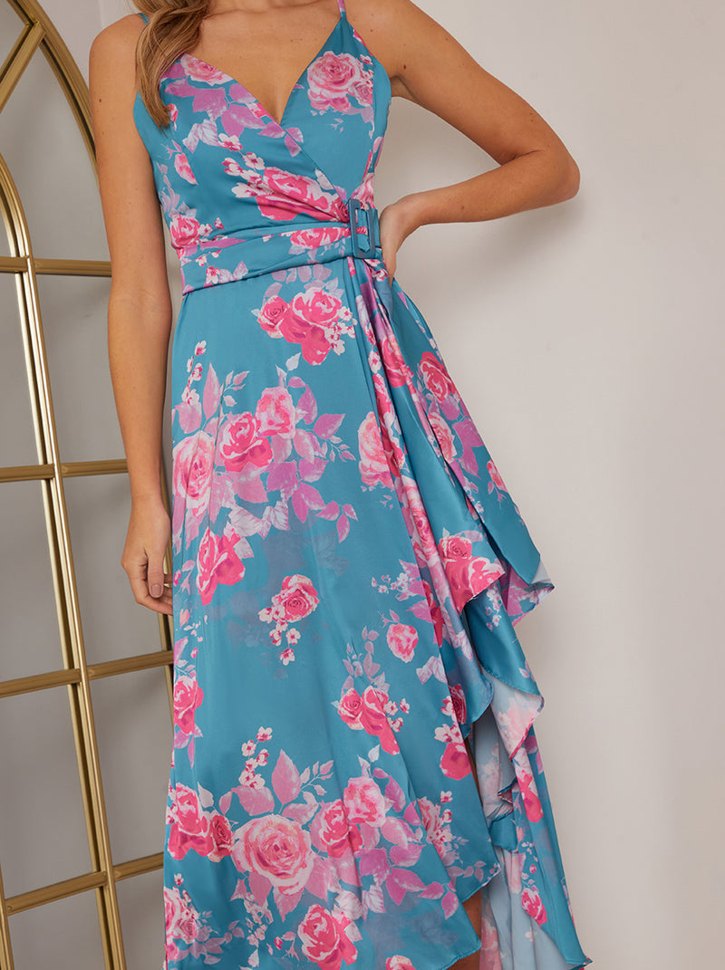Petite Cami Floral Print Wrap Midi Dress in Blue