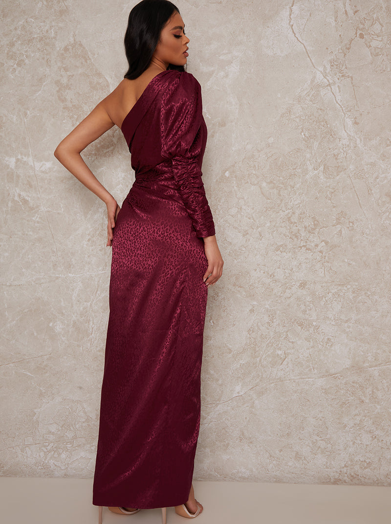 One Sleeve Ruched Maxi Dress in Burgundy
