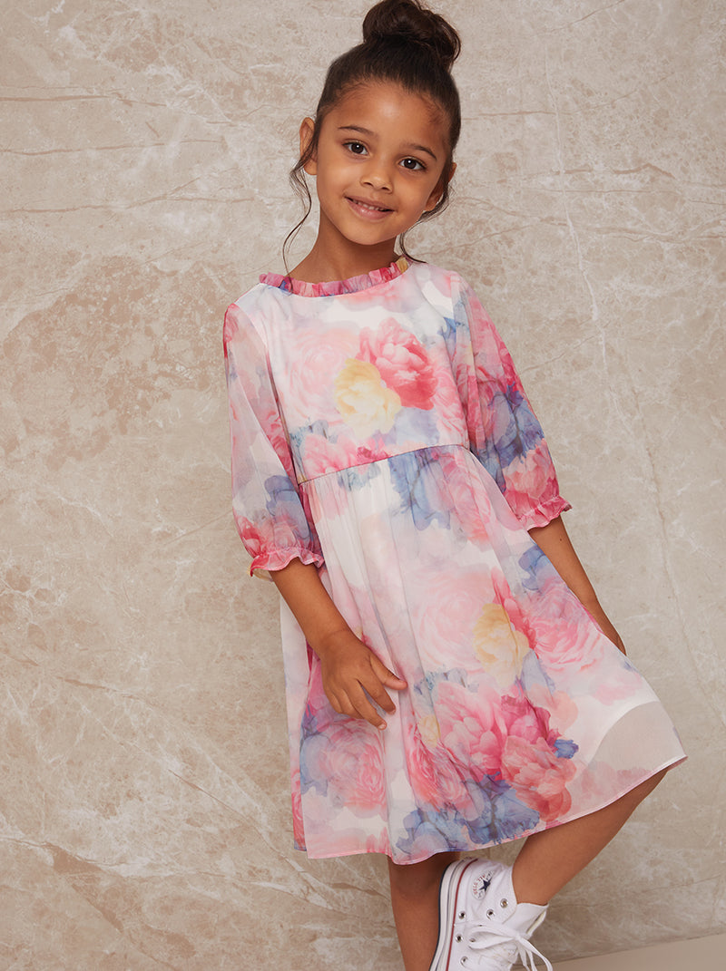 Girls Watercolour Floral Printed Dress in Pink